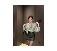 (green, L) Women Spring Summer Simplicity Office Lady Lacing Solid Color V-neck Long Sleeve Shirts Ladies Fashion All-match Trend Tops