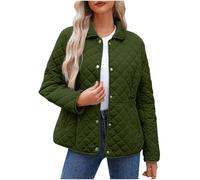 Green Ladies Light Weight Quilted Jacket Womens Casual Outdoor Coat Patchwork Fashion Round Neck Down Coats Long Sleeve Button Down Warm Soft Insulated Water-Resistan Puffer Coat