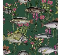 Green Lagoon Wallpaper Fish Carp Floral Pink Orange