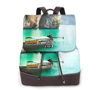 Green Lake Boat Print Women Fashion Backpack Ladies Pu Leather Backpacks Handbag Waterproof Rucksack Travel Backpack with Flap