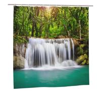 Green Lake Garden Shower Curtain, Summer Waterfall in Forest Woodland Nature Jungle Scenery Art Printing Bath Curtain, Waterproof Polyester Fabric Bathroom Shower Curtain with 12 Hooks, 180x180cm