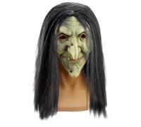 Green Latex Witch for Adults Creepy Full Face Halloween Costume | Soft latex with fiber reinforcement, wrinkled green and black face with attached grey wig, lightweight at 0.3 lb for