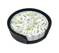 Green Leaf Artistic Olive Tree Print,Set of 6 Round Coasters, Pu Leather Drinks Coasters with Holder for Home Office Kitchen