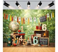 Green Leaf Back to School Backdrop Desk Globe Books Apple Chalkboard Math Formula Crayon Ribbon Banner First Day of School Photography Background for Cake Smash Preschool Photo Booth (B, 7x5feet)