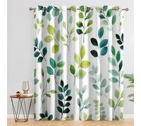 Green Leaf Blackout Curtains, 90 Drop, Botanical Leaves Watercolor Printed Curtains for Living Room, Bedroom, Eyelet Drapes for Window Home Decor, 66x90 Inch 2 Panels Rc3327