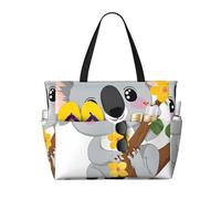 Green Leaf Koala Print Large Capacity Beach Travel Bag, Waterproof Beach Tote Bag with Zip and Pocket, Tote Bags for Traveling, Shopping, Pool