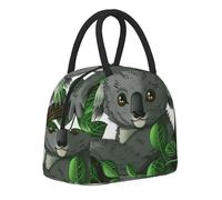 Green Leaf Koala Prints Insulated Lunch Tote Bag with Black Zipper and Handle - Large Reusable Thermal Food Carrier for Office, School, Picnics & Hiking