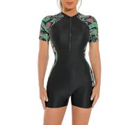 (Green Leaf, L) Women's Short/long Sleeve One-piece Swimsuit With Tropical Floral Print Zipper Front Rash Guard Bathing Suit Beachwear_cc
