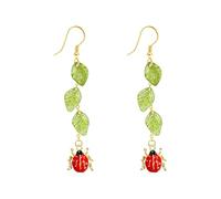 Green Leaf Ladybug Dangle Drop Hook Earrings - Gold Plated with Red Enamel Charm, Vintage Acrylic Long Tassel for Women, Hypoallergenic Lightweight Fashion Jewellery