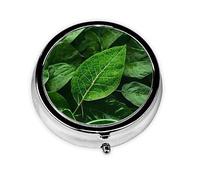 Green Leaf Nature Round Pill Box. Portable Daily Medication Organizer, Travel-Friendly Design.