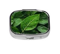 Green Leaf Nature Square Pill Box with Full Print Design - Portable Metal Travel Case for Vitamins & Medication, 2.2x1.6x0.7 Inch.