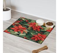 Green Leaf Poinsettia Absorbent Dog Food Mat with Non-Slip Backing, 24 x 32 inch Feeding Mat for Puppy Cat Bowls, Spill-Proof Pet Diner Placemat for Kitchen Floors