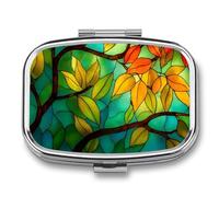 Green Leaf Stained Glass Pill Box 2 Compartment Portable Medicine Pill Case Travel Pill Organizer for Pocket Purse