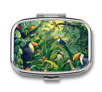 Green Leaf Toucan Pill Case Box with 2 Compartment Medicine Vitamin Organizer for Purse Pocket 5.5x4cm