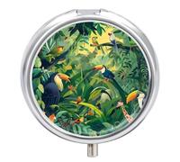 Green Leaf Toucan Pill Case Box with 3 Compartment Medicine Vitamin Organizer for Purse Pocket 5x5cm