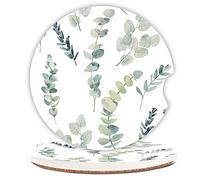 Green Leaf Watercolor Floral Absorbent Cup Holders Car Coasters,Ceramic Stone Drinks Coaster Set for Women Man 2.56"(2 Pack)