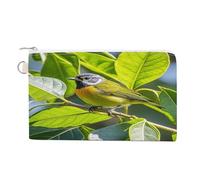 Green Leaves And Birds Coin Purse Canvas Wallet with Zipper Portable Mini Change Pouch Cute Money Pouch Small Organizer Coin Card Key Holder for Women Girls Daily Use Gift