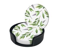Green Leaves And Flower Print Coasters For Drinks With Holder Set Of 6, Pu Leather Coasters Drink Coasters Cup Pad Mats