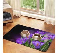 Green Leaves And Purple Flowers Printed,Waterproof Pet Feeding Mat,PU Leather Placemats for Cat Dog Water Bowl,Food Mats,30x45cm
