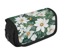Green Leaves And White Flowers Pencil Case Organizer - Large Capacity 3 Compartment Pencil Pouch for Adults, Portable Makeup Bag & Aesthetic Stationery Bag with Zipper (8.7x4.3") Unisex Gift
