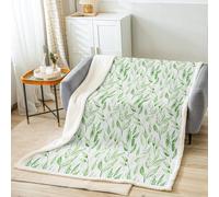 Green Leaves Bed Blanket Kids Girls Watercolor Plant Painting Sherpa Blanket Soft Cozy Lightweight Fresh Natural Botanical Plush Fleece Spring Blanket Gifts for Bed Chair Office Sofa(Throw 50"x60")