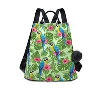 Green Leaves Birds Flower Cartoon Women's Backpack, Daypack with Back Zip Opening, Multiple Pockets and Pom Pom Keychain