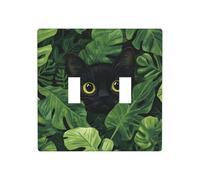 Green Leaves Botanical Leaf Black Cat Double Gang Toggle Light Cover Wall Plate Switch Decor Standard Size - 11.4x11.4cm