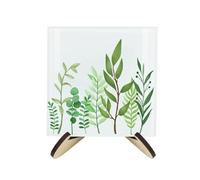 Green Leaves Coaster Set - Square Glass Foliage Print - Set of Four (4) Coasters & Wood-Effect Stand