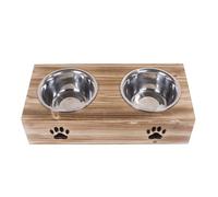 green leaves Dog Food Feeding Stand Station Stainless Double Raised Bowls Wooden Crate