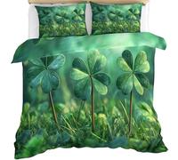 Green Leaves Duvet Cover Double Size, Four-Leaf Clover Bedding Set 3 Piece Bedroom Decor Lucky Clover Quilt Cover Set and 2 Pillow Sham with Zipper Closure 200 x 200cm