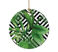 Green Leaves of Palm Tree Tropical Plant Christmas Tree Ceramic Ornaments Pendants, 10cm Round Xmas Ornaments for Novel 1 Piece