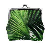 Green Leaves of Palm Tree Tropical Plant Full Double-Sided Printed Pattern Women's and Girls' Fashionable Leather Kiss Lock Coin Purse Card Bag