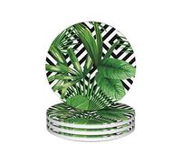 Green Leaves Of Palm Tree Tropical Plant Print Ceramic Coaster Set Of 4 Non-Slip Cork Base,Housewarming Gifts