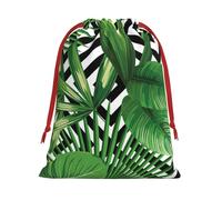Green Leaves Of Palm Tree Tropical Plant Print Christmas Drawstring Gift Bags, Xmas Holiday Fabric Gift Wrapping Bag For Party, Size-L