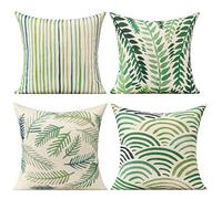 Green Leaves Outdoor Cushion Covers Summer Plant Throw Pillow 18 x 18 Cases Decorative Tropical Rainforest Palm Spring Leaf Pillows Square Cotton Linen Set of 4 for Sofa Patio Couch