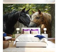 Green Leaves Panoramic Mural Wallpaper 390 x 260 cm Animals Two Horses Wall Mural Non-Woven Art Print Wallpaper Living Room Bedroom Sofa TV Backdrop Decoration Poster Picture Photo
