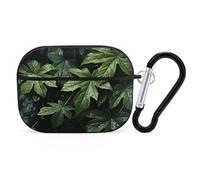 Green Leaves Pattern Airpod Pro Case AirPods 2 Case for Women Hard Shell Protective Cover with Carabiner Keychain Compatible with AirPods Case 2nd 1st Generation, Front LED Visible Black