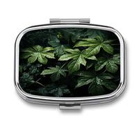 Green Leaves Pattern Small Pill Box for Purse Travel Essentials Metal Pill Case 2 Compartments Compact Medicine Container Portable Daily Pill Organizer for Vitamins Fish Oils