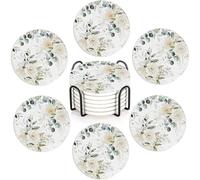 Green Leaves Peony Set of 6 Absorbent Ceramic Coasters with Cork Base & Holder,10cm Round Drink Mats for Mugs, Wine Glasses - Spill Protection for Wood/Glass Tables