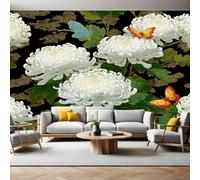 Green Leaves Photo Wallpaper White Chrysanthemums and Butterflies Wall Mural Non-Woven Art Print 250 x 180cm Wallpaper Mural Photo Kids Bedroom Office Living Room Home Poster Decoration