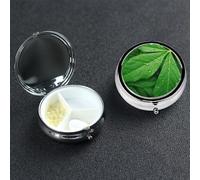 Green Leaves Pill Box with Mirror 3 Compartment Decorative Pill Case for Purse or Pocket Small Round Pill Organizer Weekly Metal Medicine Tablet Vitamin Holder Travel Gift