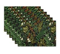 Green Leaves Placemats Set of 6 Botanical Fern Leaf Floral Place Mats Washable Kitchen Dining Spring Summer Black Linen Table Mats Stain Heat-Resistant for Home Party Indoor 12x18 in