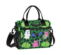 Green Leopard Print Glitter Pumpkin Halloween Lunch Bags for Girls Portable Lunch Bag with Side Pocket with Shoulder Strap Lady Camping S