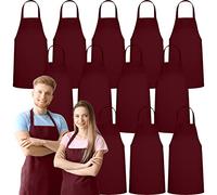 12 Pack Bib Apron - Unisex Burgundy Aprons, Machine Washable Aprons for Men and Women, Kitchen Cooking BBQ Aprons Bulk (Pack of 12, No Pockets, Burgundy)