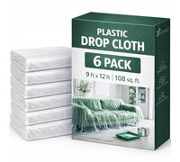 GREEN LIFESTYLE Plastic Drop Cloths for Painting 12 x 9 ft [6 Pack] - Waterproof Paint Drop Cloth, Plastic Sheets Floor Cover, Disposable Tarp for Furniture Protection, Remodeling and Moving