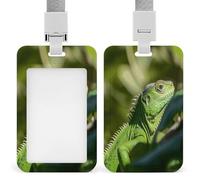 Green Lizard Badge Holder with Lanyard, Vertical Hard Plastic ID Card Holder, Sliding Name Tag Holders, Work Card Protector Sleeve for Nurse Doctor Teacher Officer & Gift