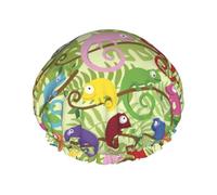 Green Lizard Chameleon Pattern Shower Cap Reusable Double Waterproof Layers Bathing Shower Hat Hair Protection Shower Hat