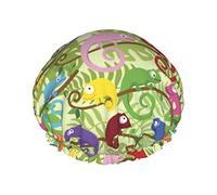 Green Lizard Chameleon Pattern Shower Cap Women Reusable Long Hair Caps With Elastic Band Double Layer Bathing Shower Hat For Adults Kids