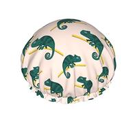 Green Lizard Chameleon Pattern Shower Cap Women Reusable Long Hair Caps With Elastic Band Double Layer Bathing Shower Hat For Adults Kids