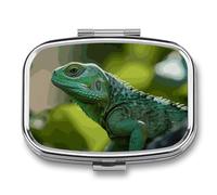 Green Lizard Pill Box 2 Compartments Portable Travel Pill Case Mini Medicine Organizer for Pocket Purse Metal Waterproof Medicine Container Holder Vitamin Fish Oil